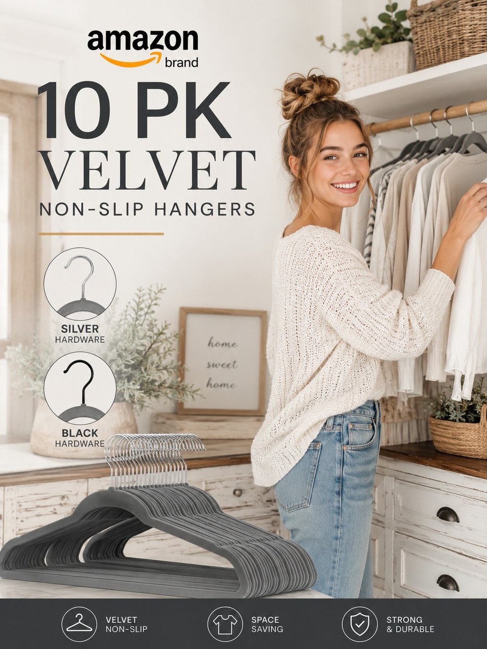 10Pk Grey Velvet Non-Slip Hangers | Silver or Black Hardware | Space Saving |EUC - Picture 5 of 6